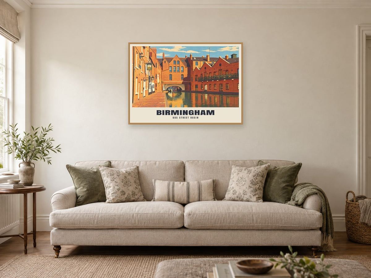 Gas Street Basin, Birmingham Poster at A1, in an oak frame, in a sitting room