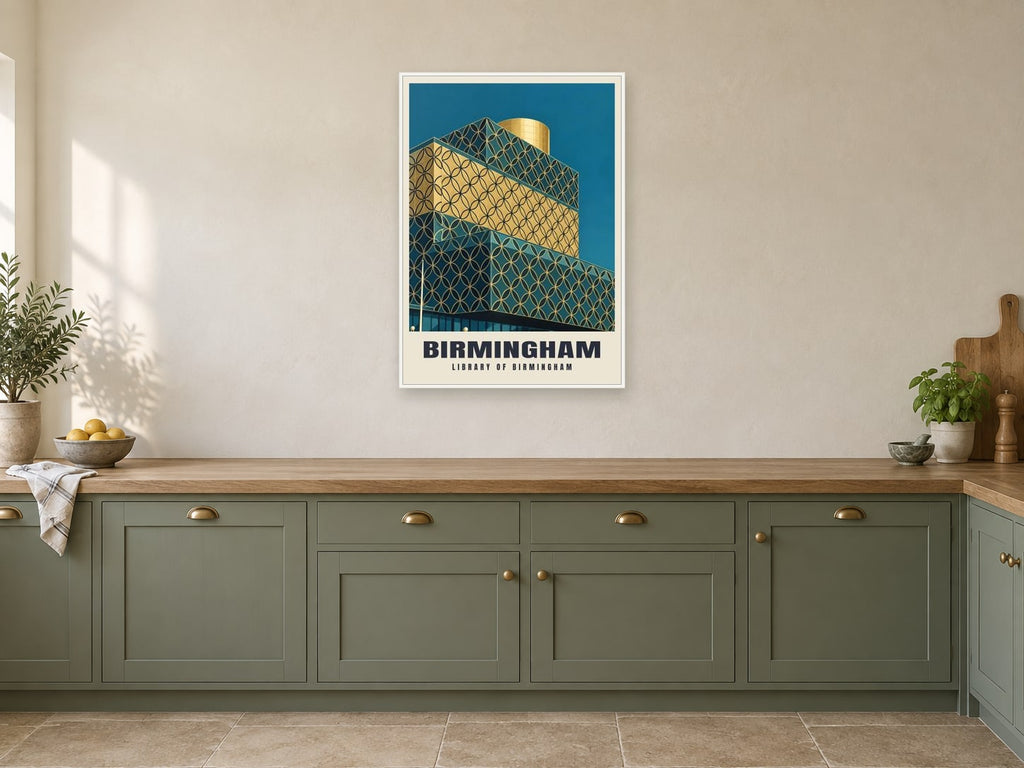 Library of Birmingham Poster at A1, in a white frame, in a kitchen