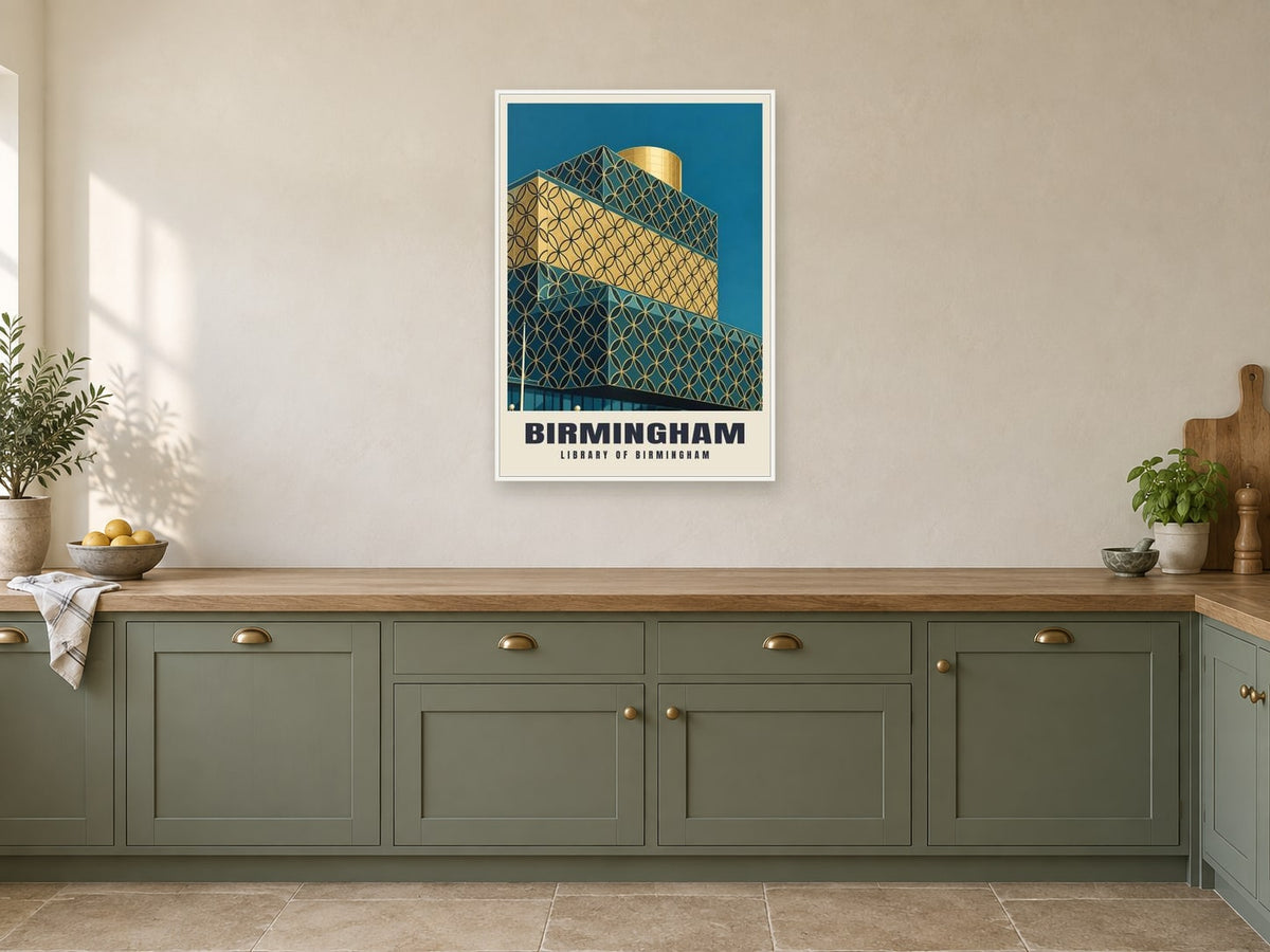 Library of Birmingham Poster at A1, in a white frame, in a kitchen