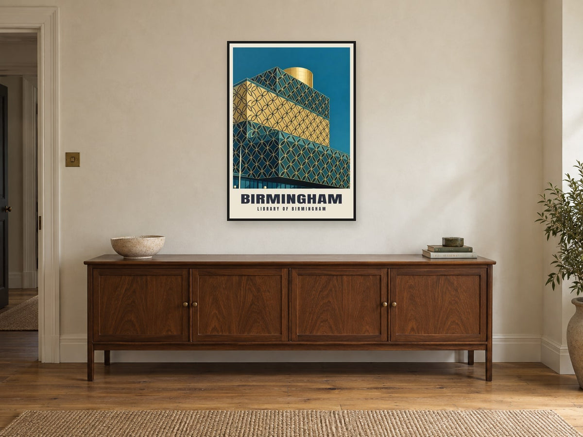 Library of Birmingham Poster at A1, in a black frame, above a sideboard