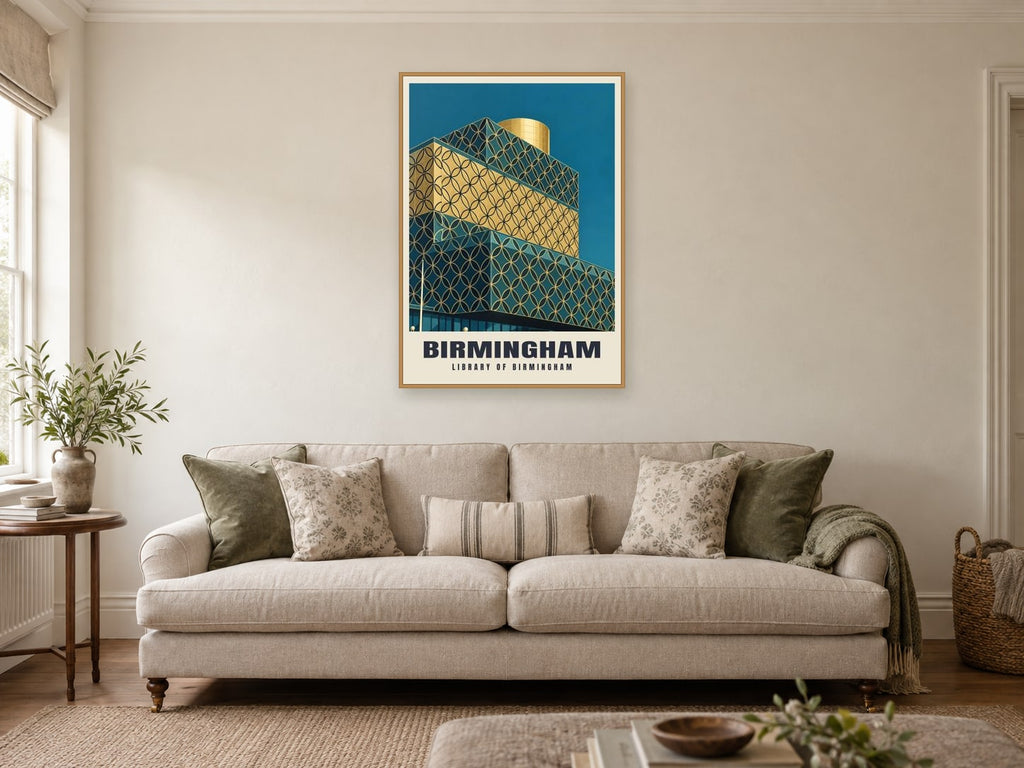 Library of Birmingham Poster at A1, in an oak frame, in a sitting room