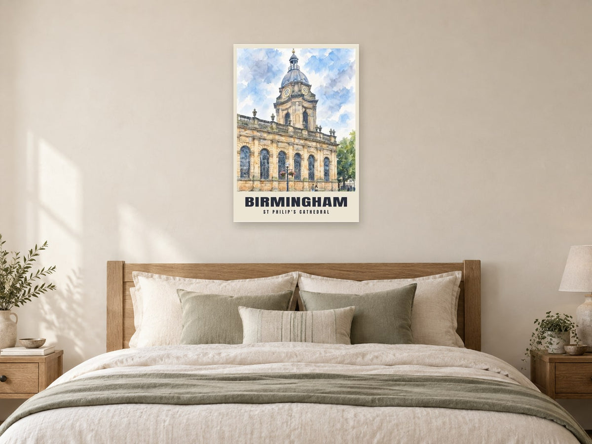 St Philip's Cathedral, Birmingham Poster at A1, as a poster, above a bed