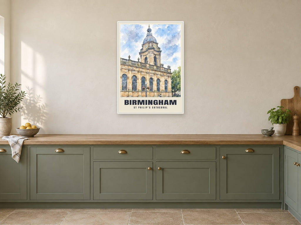 St Philip's Cathedral, Birmingham Poster at A1, in a white frame, in a kitchen