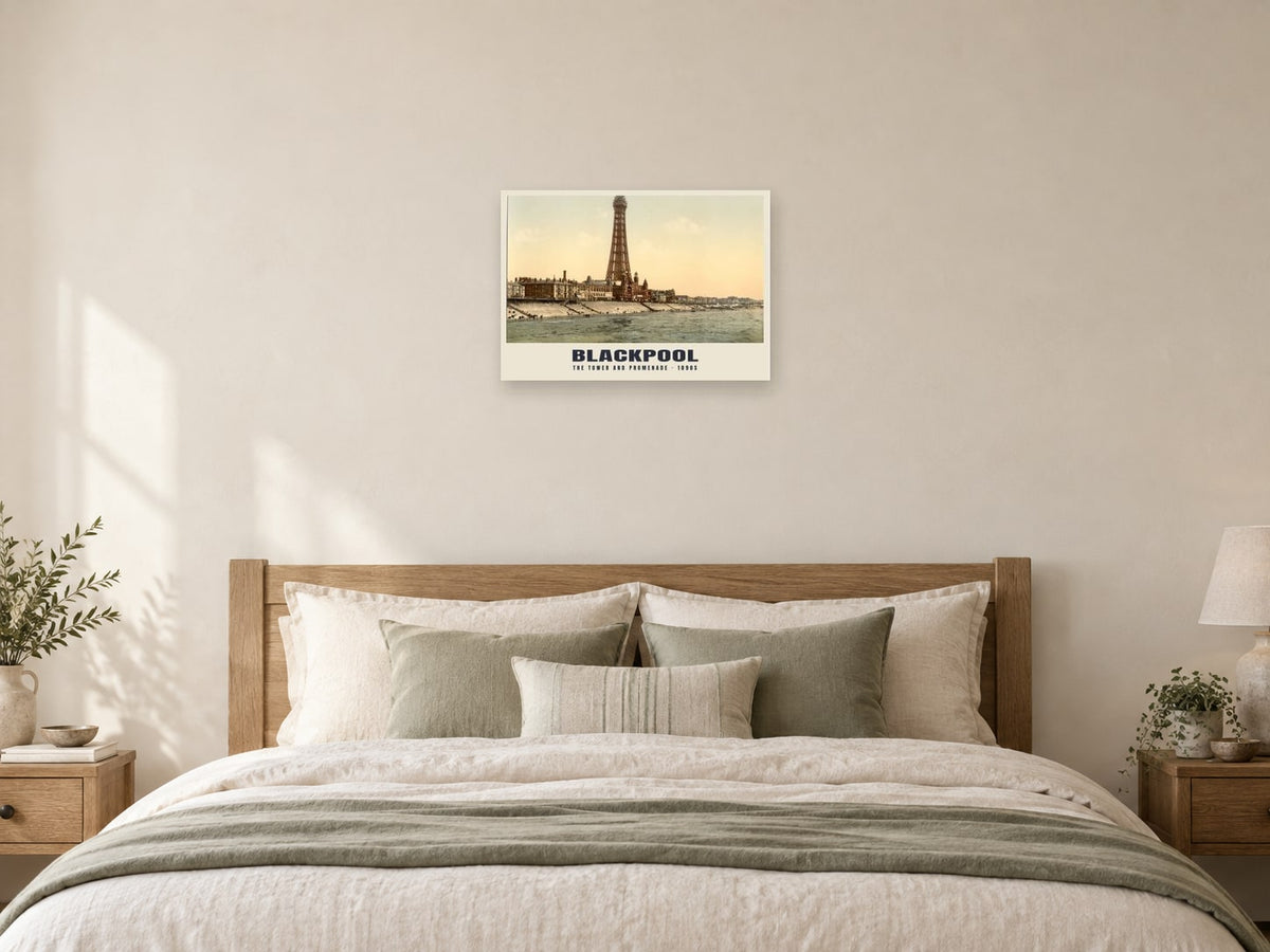 The Tower and Promenade, Blackpool, 1890s Heritage Print at A2, as a poster, above a bed
