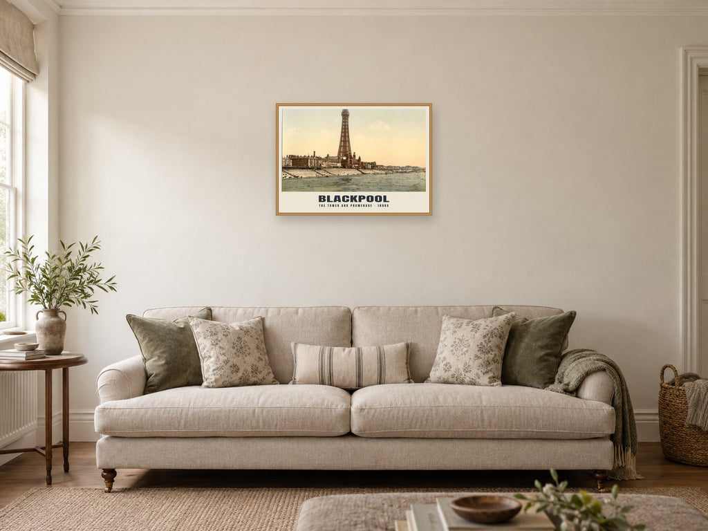 The Tower and Promenade, Blackpool, 1890s Heritage Print at A2, in an oak frame, in a sitting room