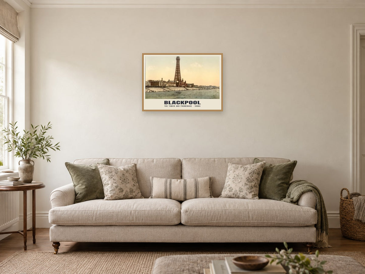 The Tower and Promenade, Blackpool, 1890s Heritage Print at A2, in an oak frame, in a sitting room