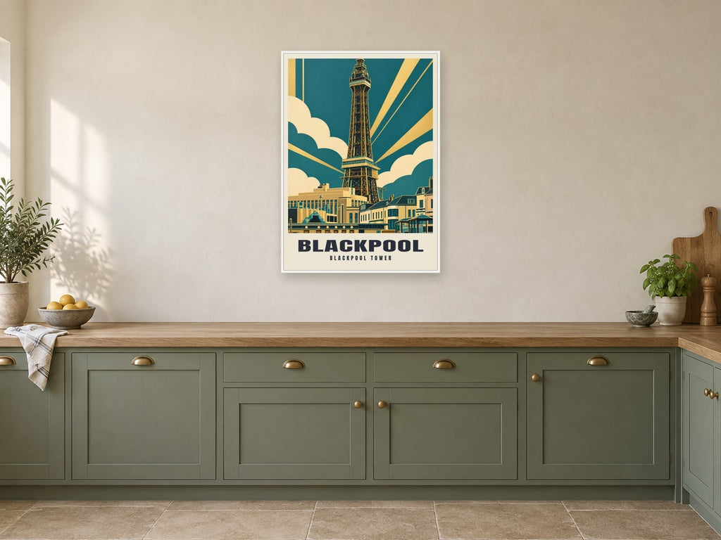 Blackpool Tower Poster at A1, in a white frame, in a kitchen