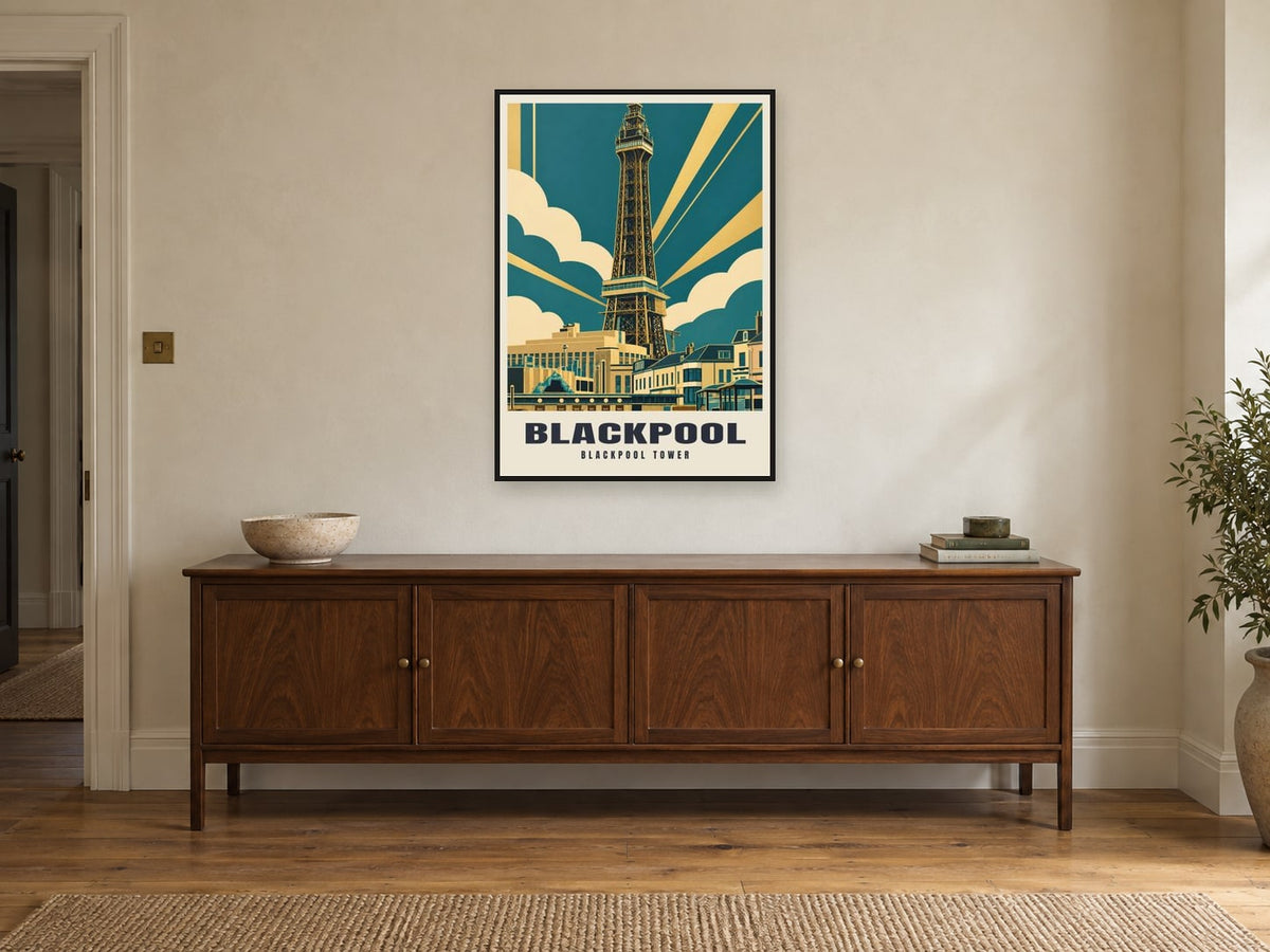 Blackpool Tower Poster at A1, in a black frame, above a sideboard