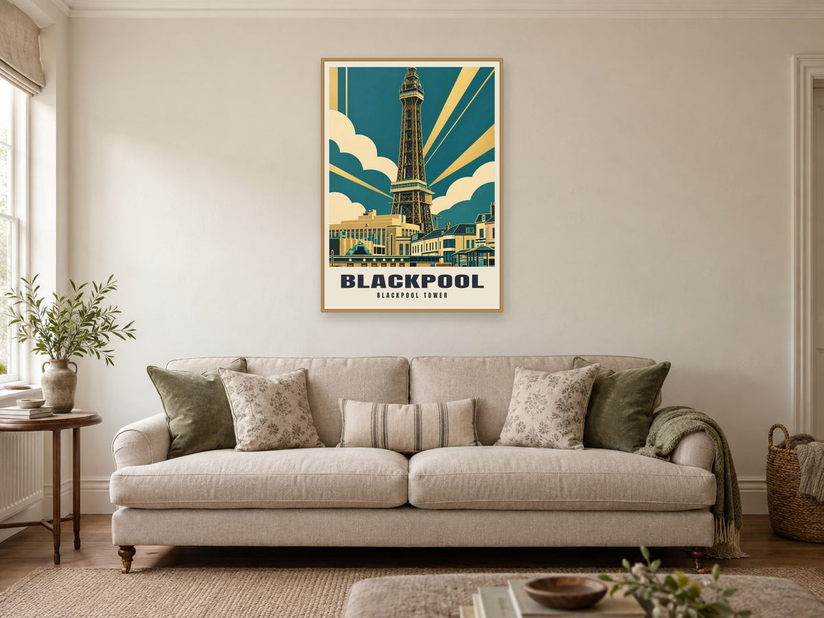 Blackpool Tower Poster at A1, in an oak frame, in a sitting room