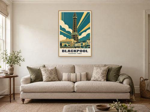Blackpool Tower Poster at A1, in an oak frame, in a sitting room