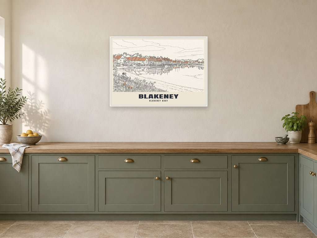 Blakeney Quay Poster at A1, in a white frame, in a kitchen