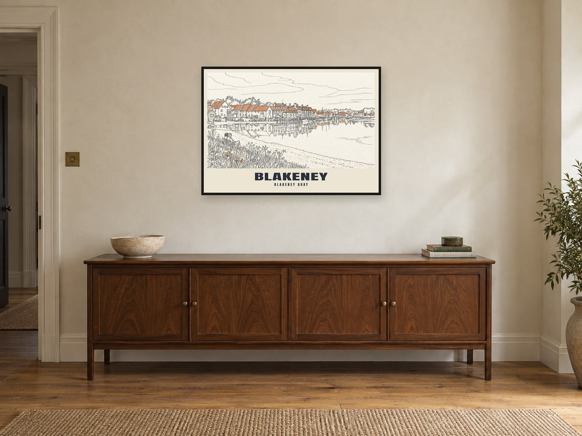 Blakeney Quay Poster at A1, in a black frame, above a sideboard
