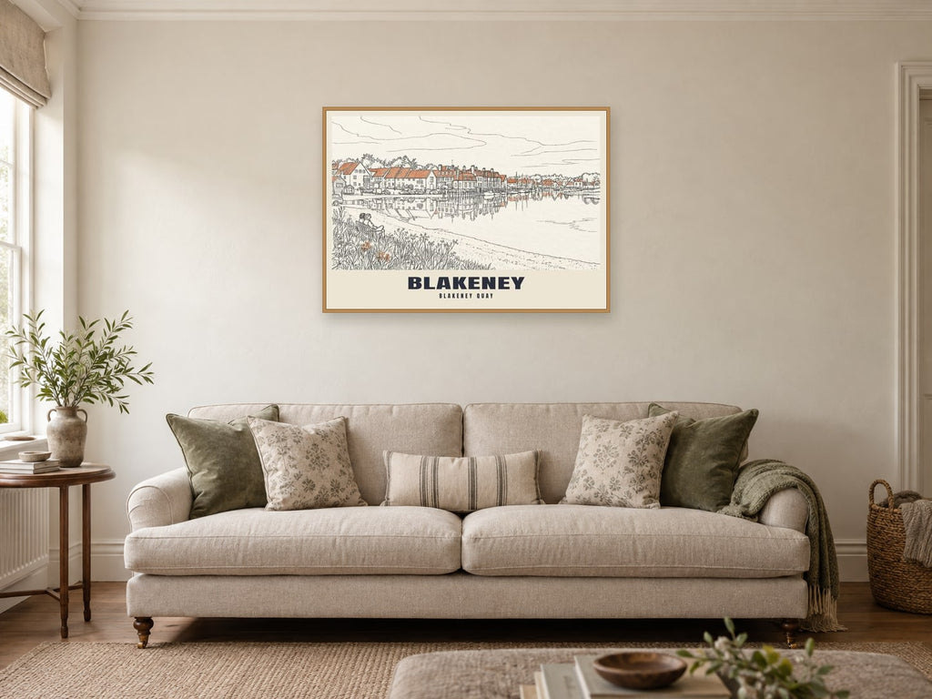 Blakeney Quay Poster at A1, in an oak frame, in a sitting room