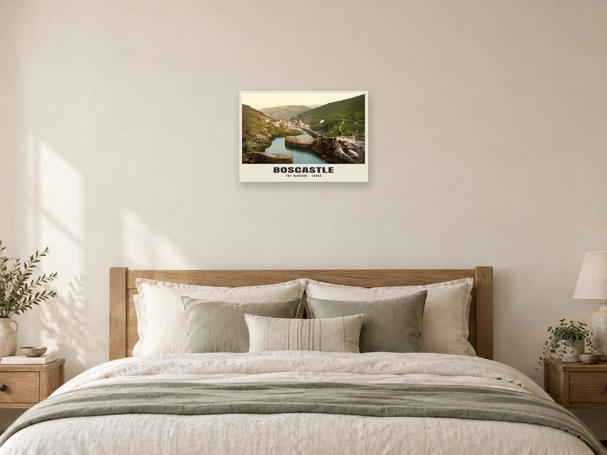 The Harbour, Boscastle, 1890s Heritage Print at A2, as a poster, above a bed