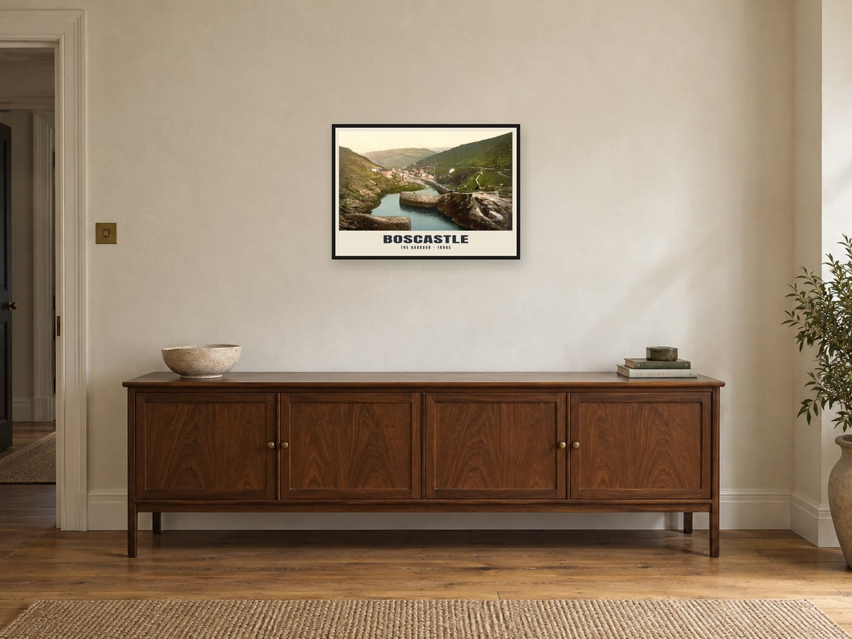 The Harbour, Boscastle, 1890s Heritage Print at A2, in a black frame, above a sideboard