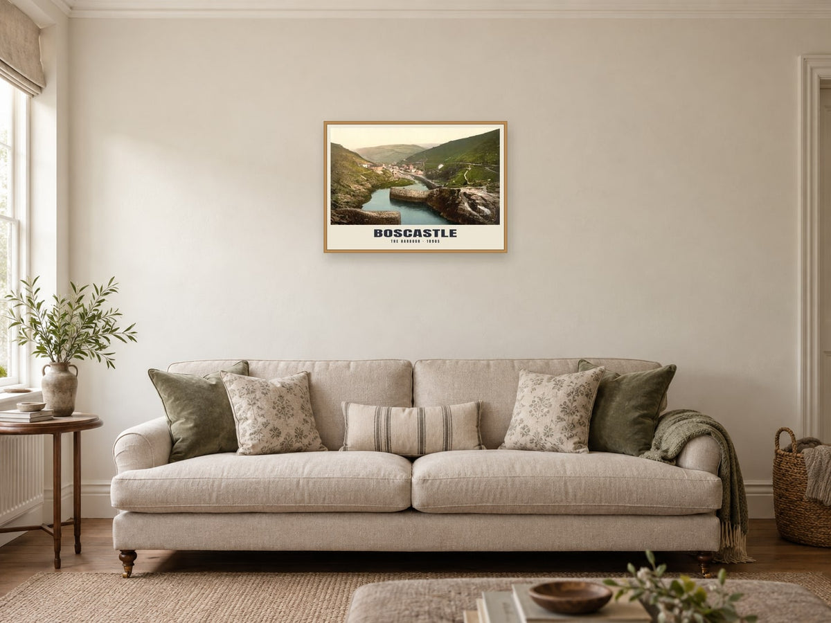 The Harbour, Boscastle, 1890s Heritage Print at A2, in an oak frame, in a sitting room