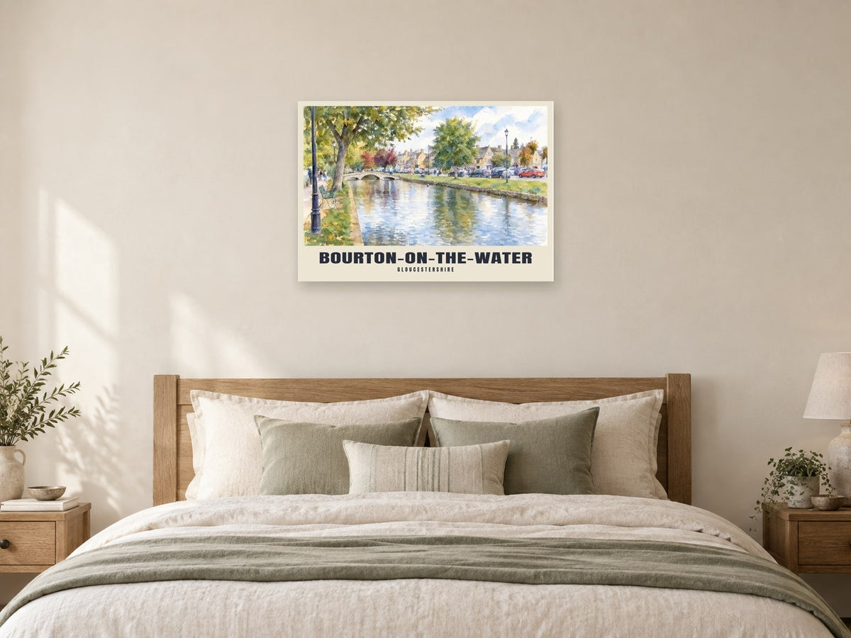 Bourton-on-the-Water Poster at A1, as a poster, above a bed