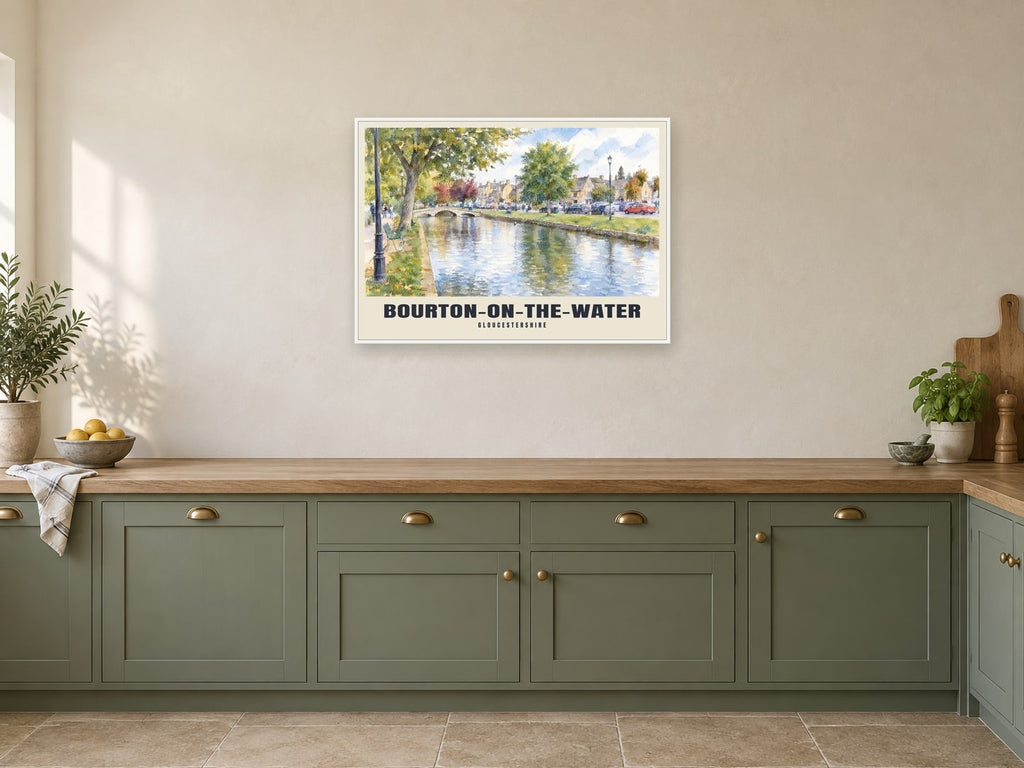 Bourton-on-the-Water Poster at A1, in a white frame, in a kitchen
