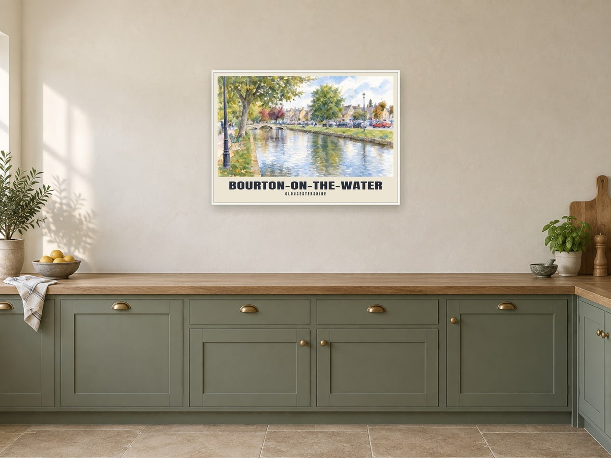 Bourton-on-the-Water Poster at A1, in a white frame, in a kitchen