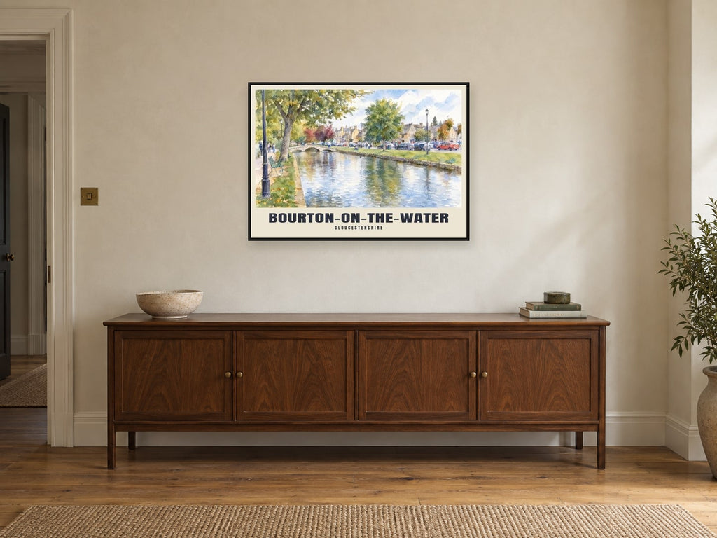 Bourton-on-the-Water Poster at A1, in a black frame, above a sideboard