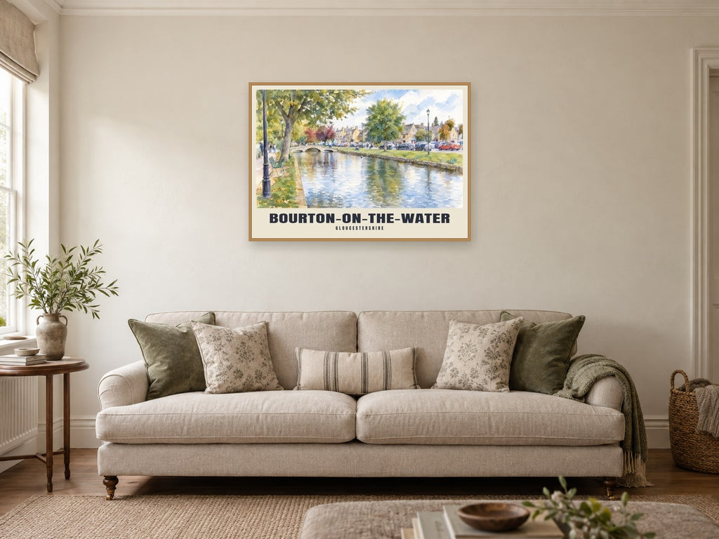 Bourton-on-the-Water Poster at A1, in an oak frame, in a sitting room