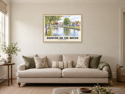 Bourton-on-the-Water Poster at A1, in an oak frame, in a sitting room