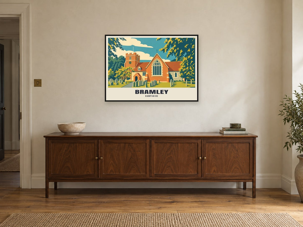 St James's Church, Bramley Poster at A1, in a black frame, above a sideboard