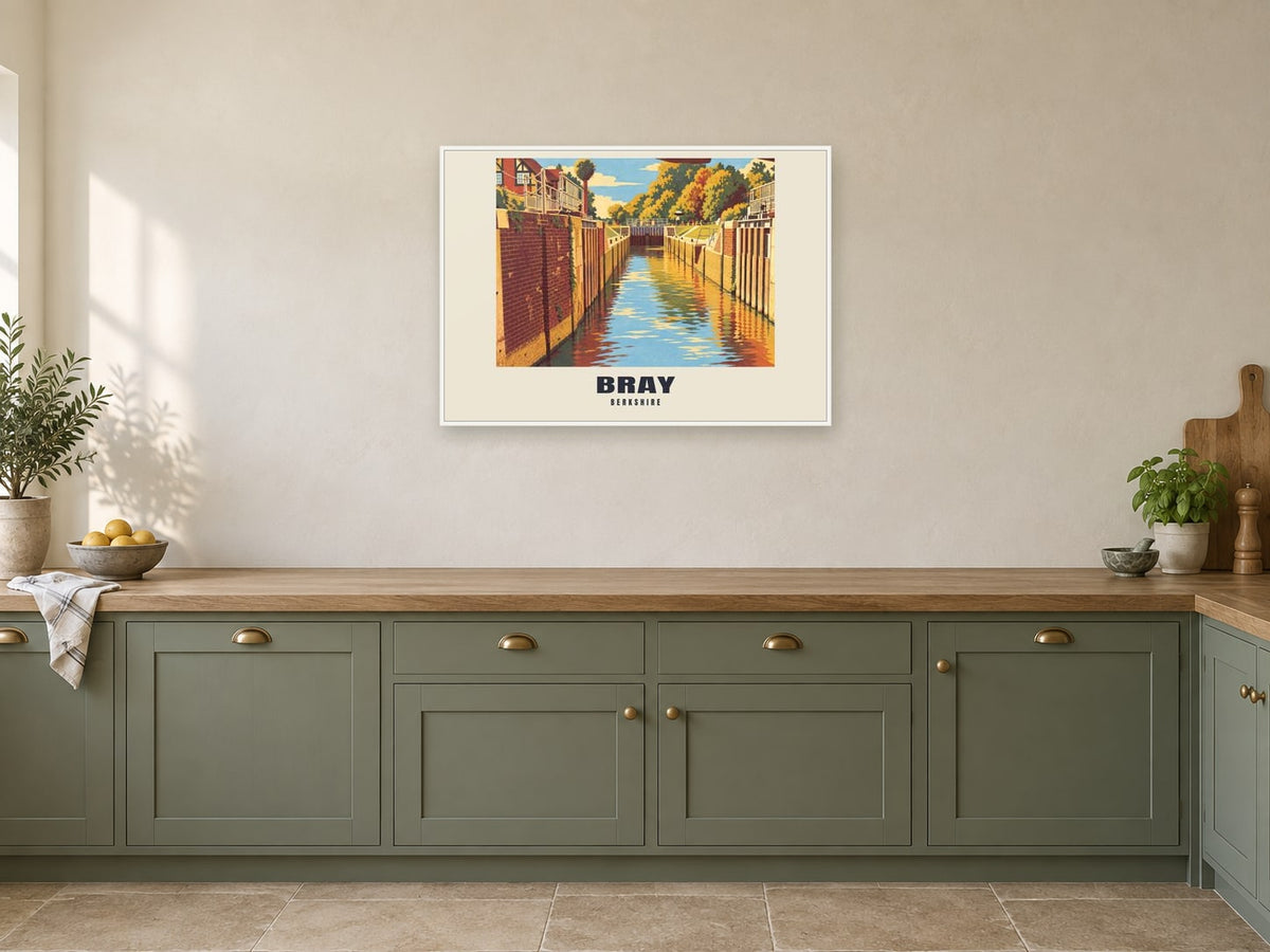 Bray Poster — Bray Lock at A1, in a white frame, in a kitchen