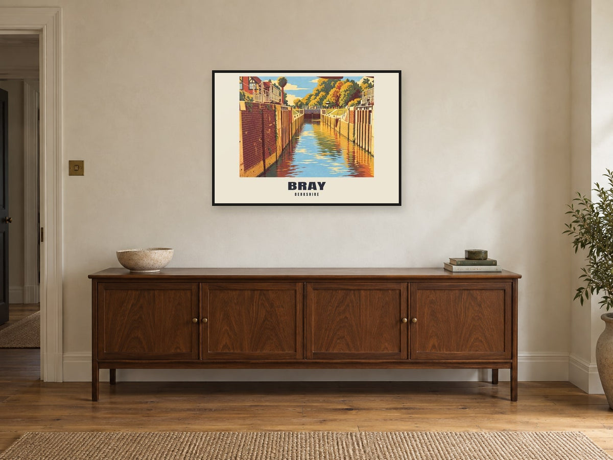 Bray Poster — Bray Lock at A1, in a black frame, above a sideboard