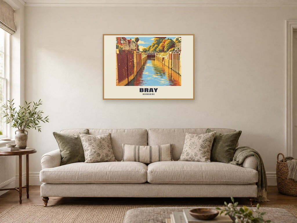 Bray Poster — Bray Lock at A1, in an oak frame, in a sitting room