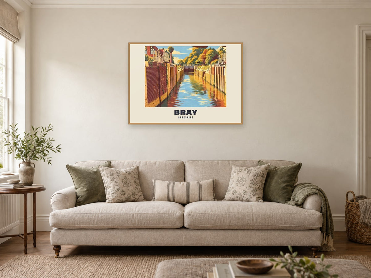 Bray Poster — Bray Lock at A1, in an oak frame, in a sitting room