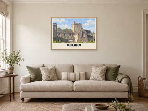 Brecon Cathedral Poster at A1, in an oak frame, in a sitting room