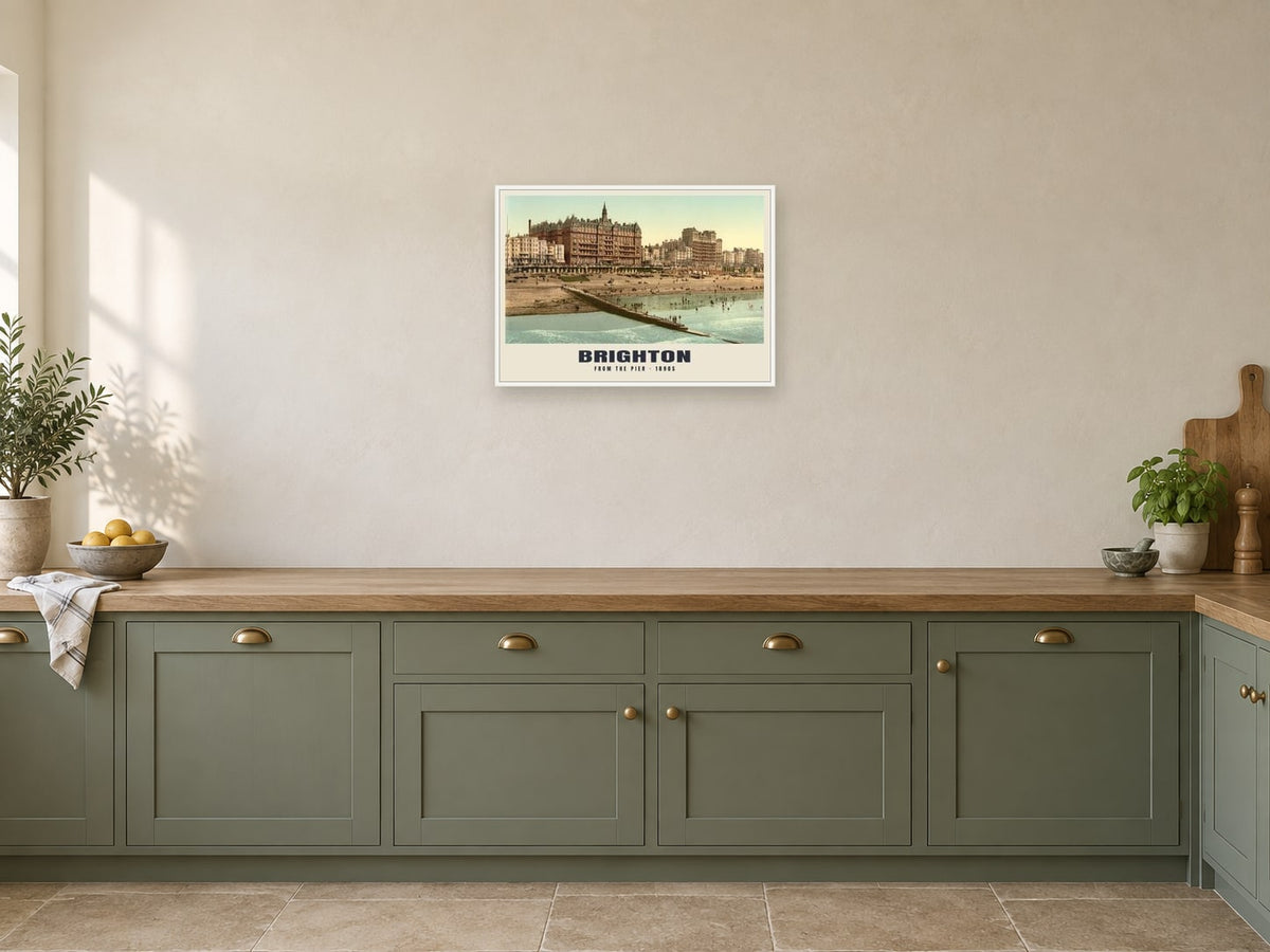 From the Pier, Brighton, 1890s Heritage Print at A2, in a white frame, in a kitchen
