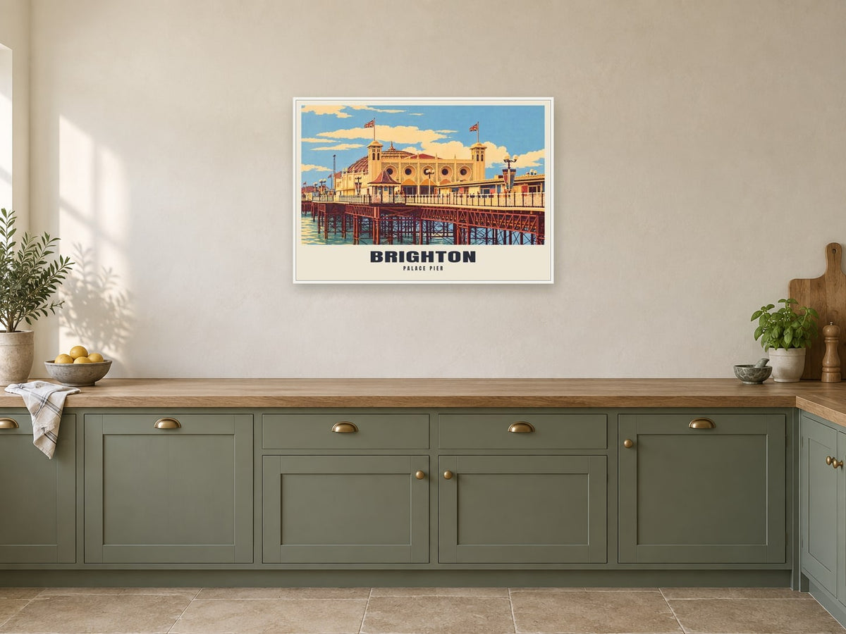 Palace Pier, Brighton Poster at A1, in a white frame, in a kitchen