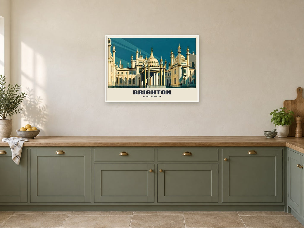 The Royal Pavilion, Brighton Poster at A1, in a white frame, in a kitchen