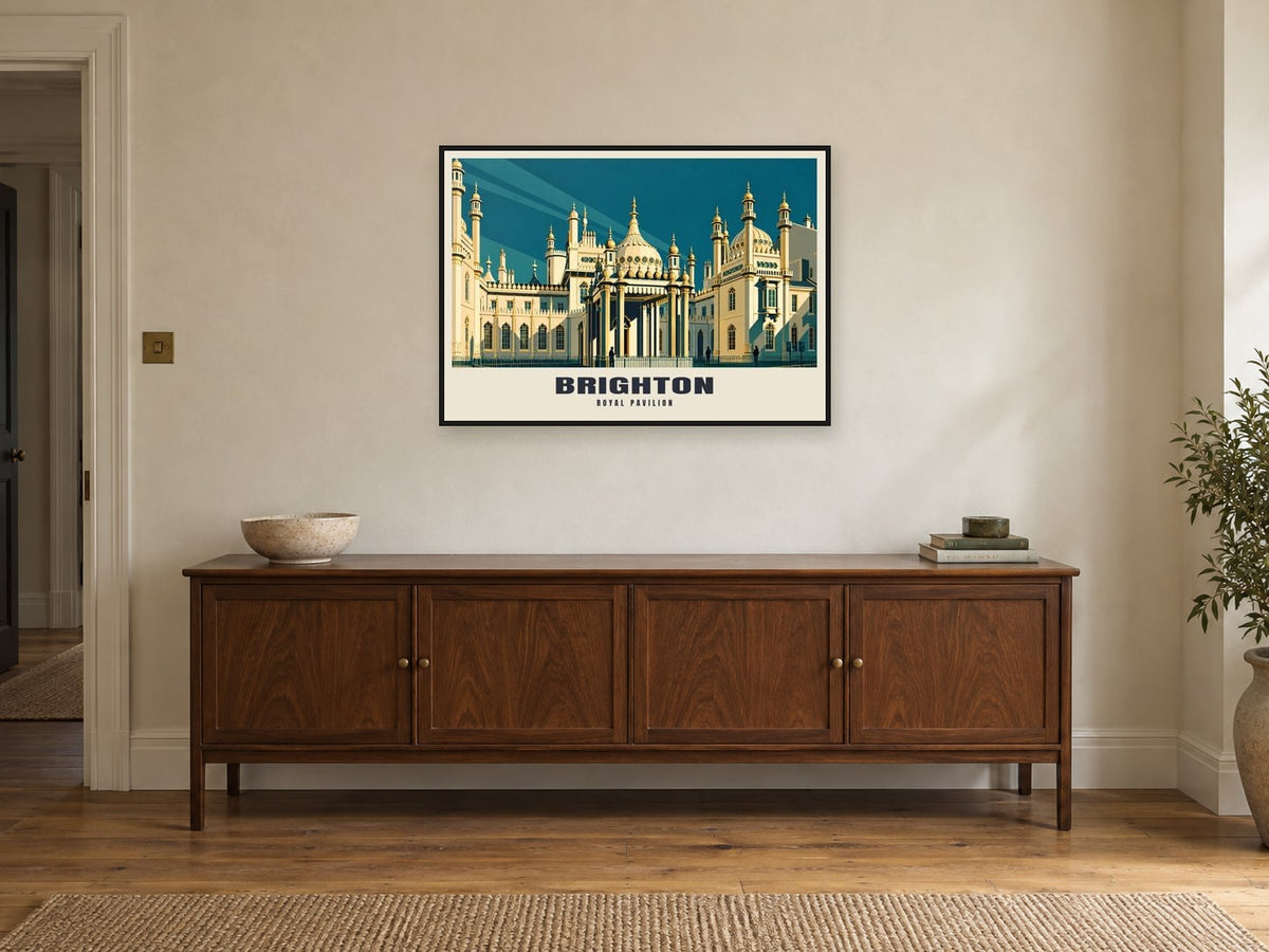 The Royal Pavilion, Brighton Poster at A1, in a black frame, above a sideboard