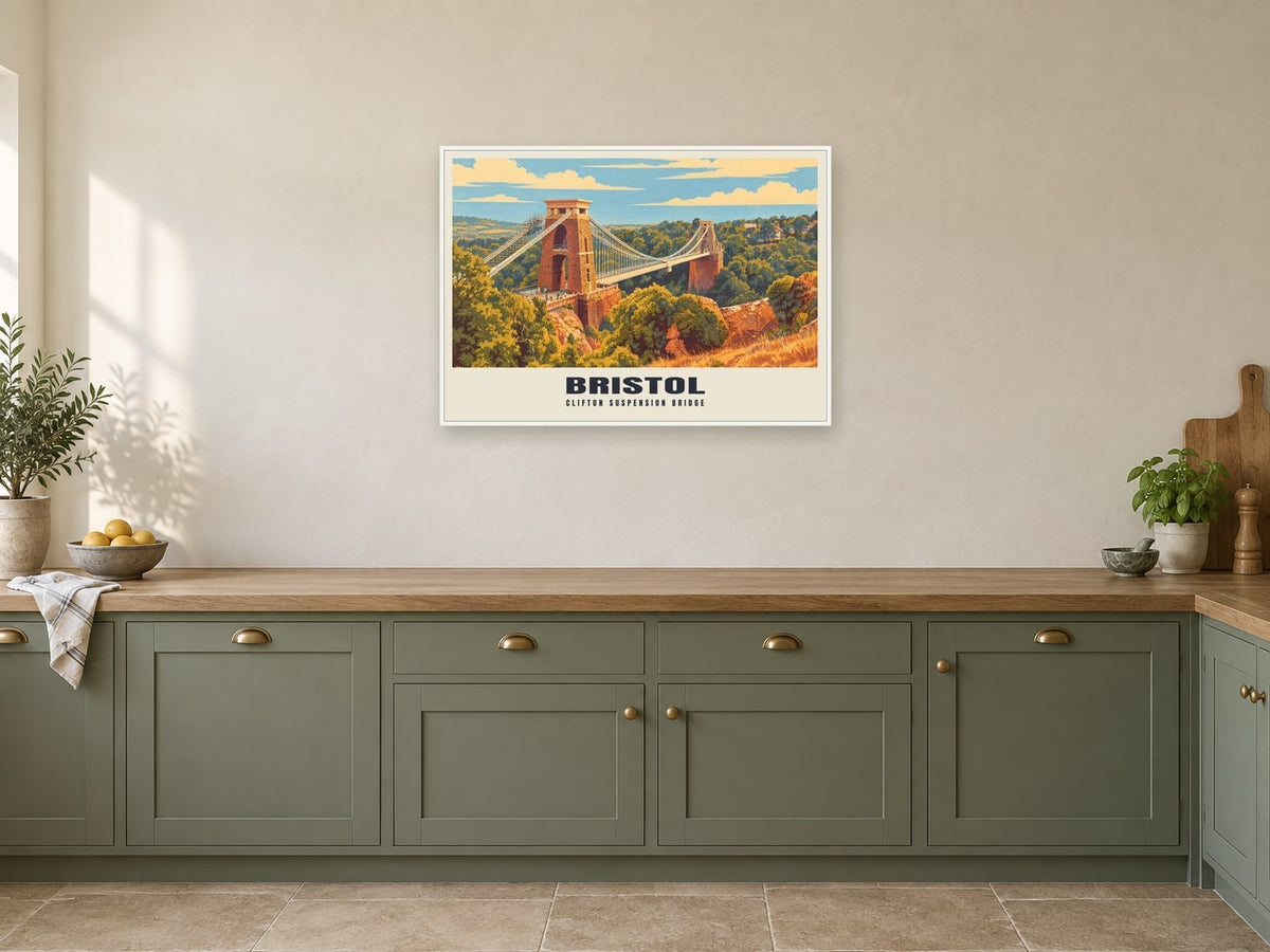 Clifton Suspension Bridge, Bristol Poster at A1, in a white frame, in a kitchen