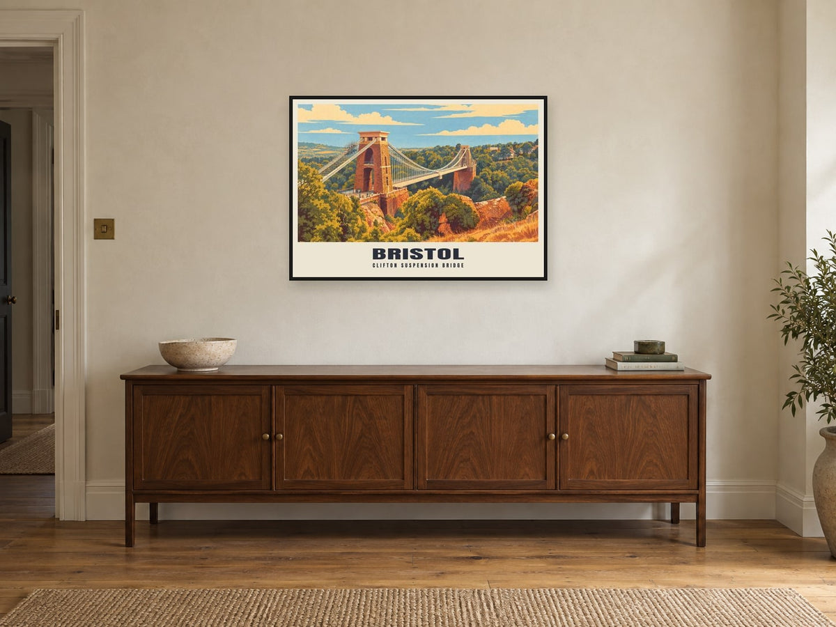 Clifton Suspension Bridge, Bristol Poster at A1, in a black frame, above a sideboard