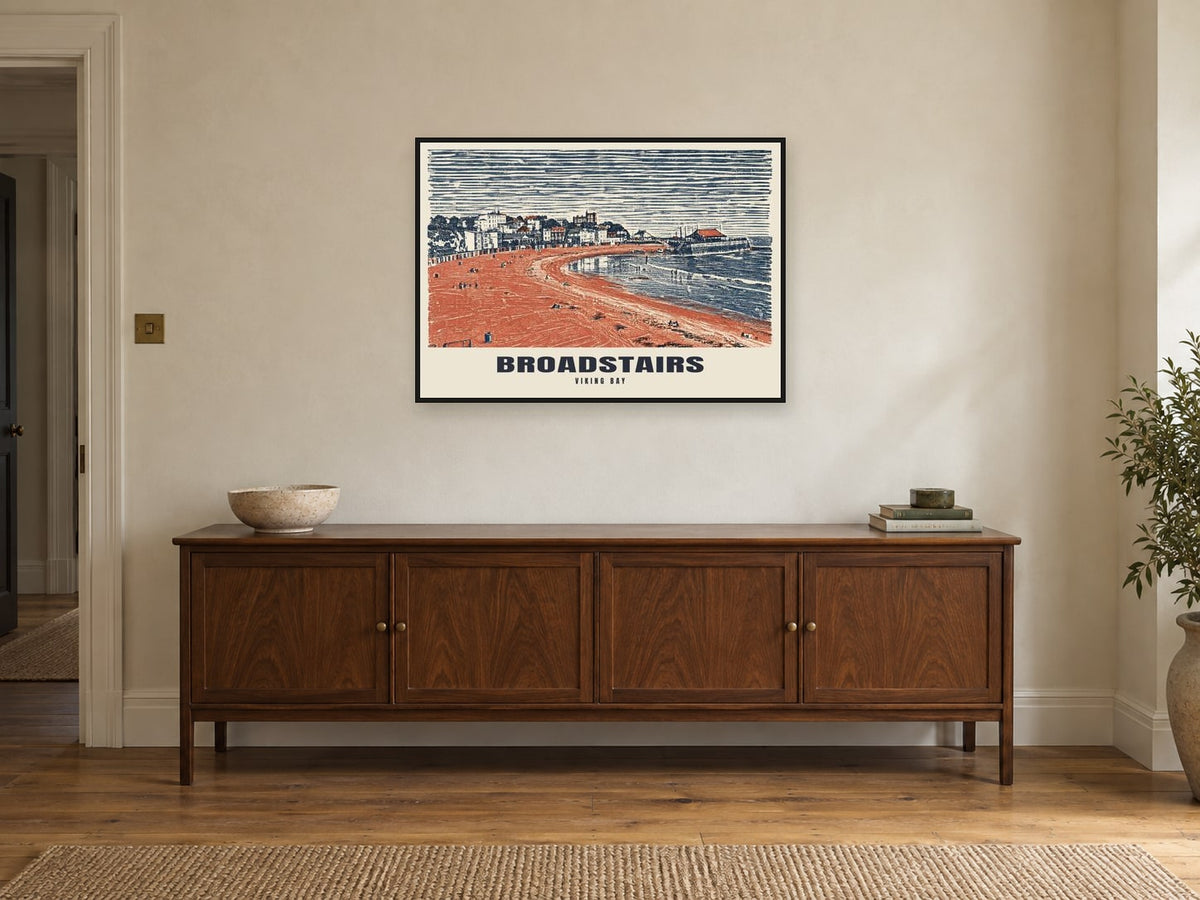 Viking Bay, Broadstairs Poster at A1, in a black frame, above a sideboard
