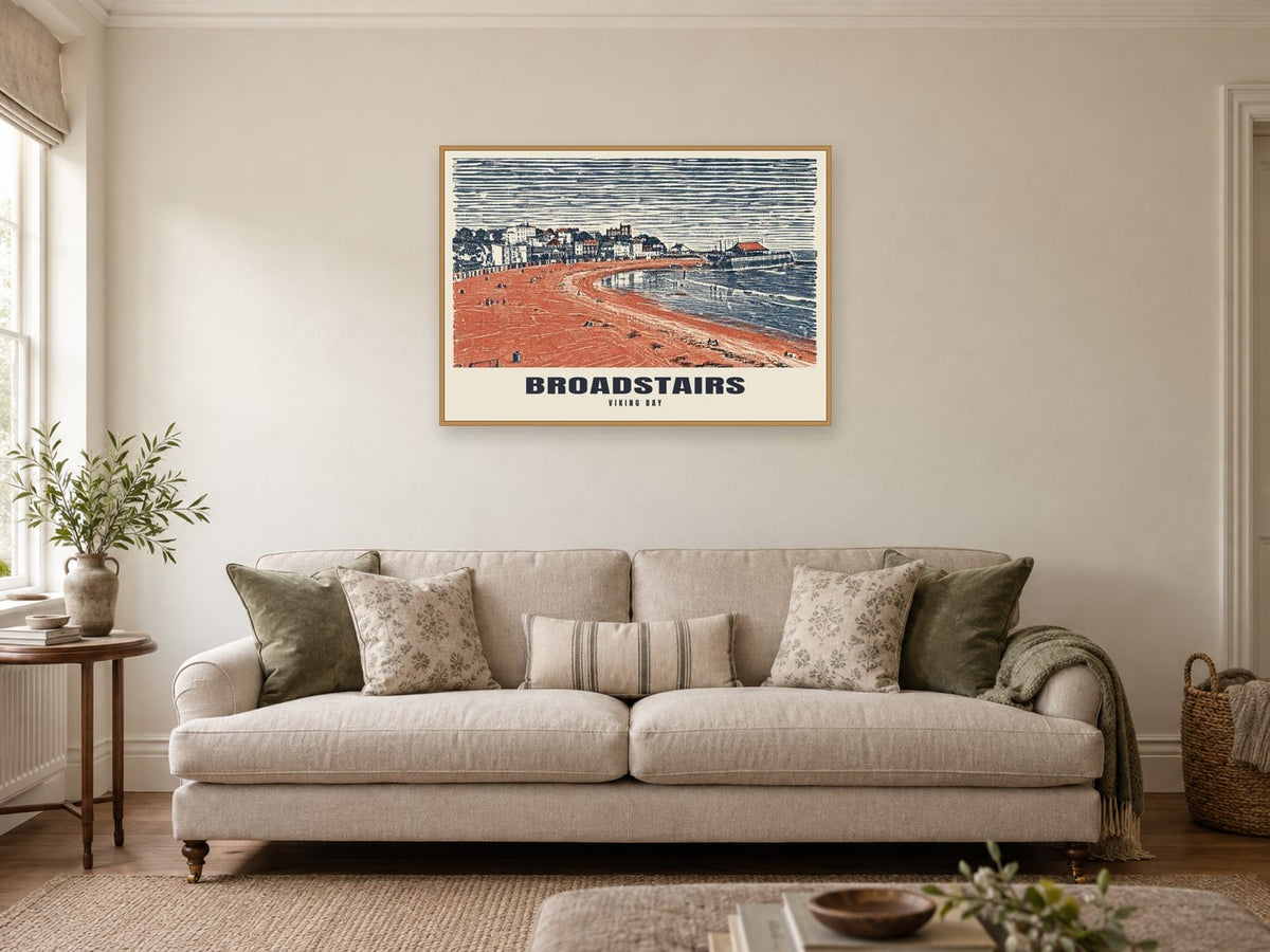 Viking Bay, Broadstairs Poster at A1, in an oak frame, in a sitting room