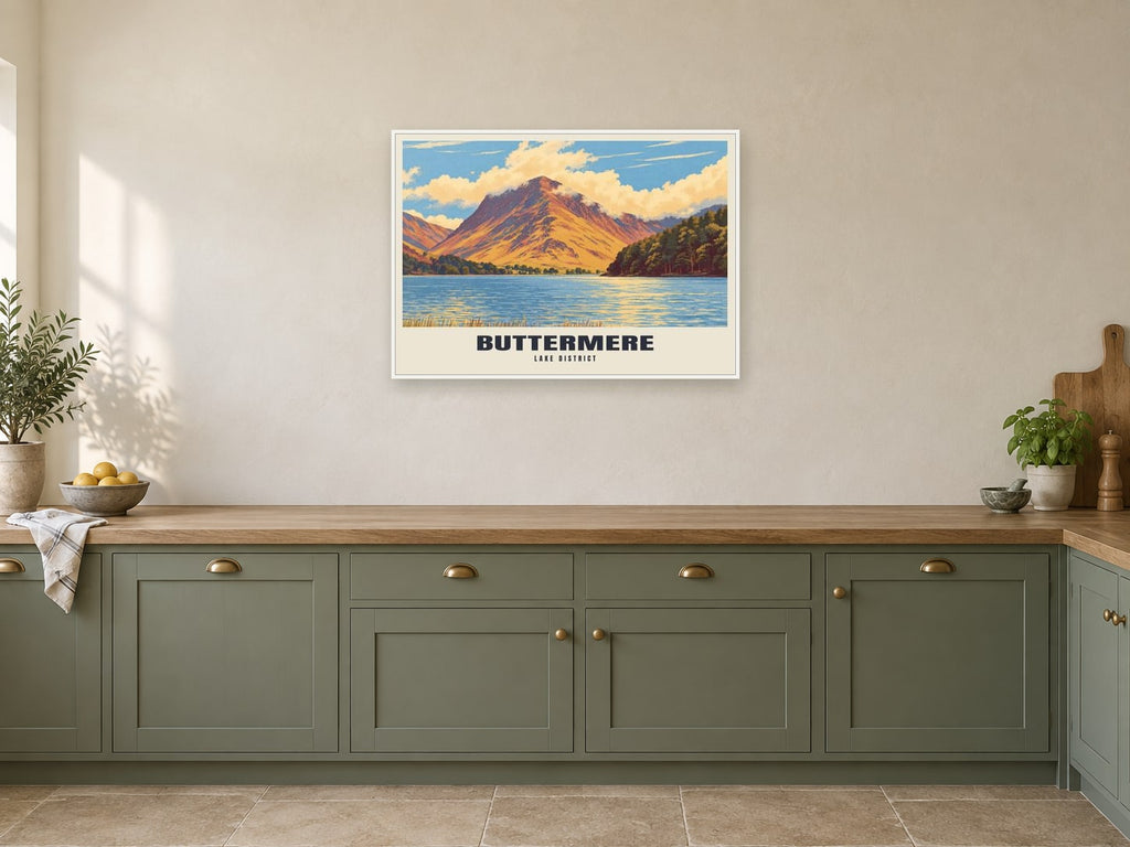 Buttermere Poster at A1, in a white frame, in a kitchen