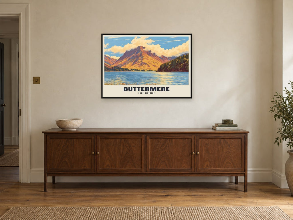 Buttermere Poster at A1, in a black frame, above a sideboard