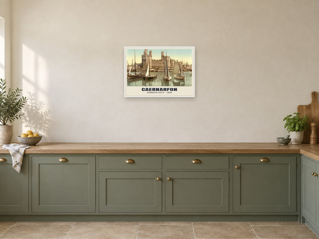 Caernarfon Castle Poster at A2, in a white frame, in a kitchen