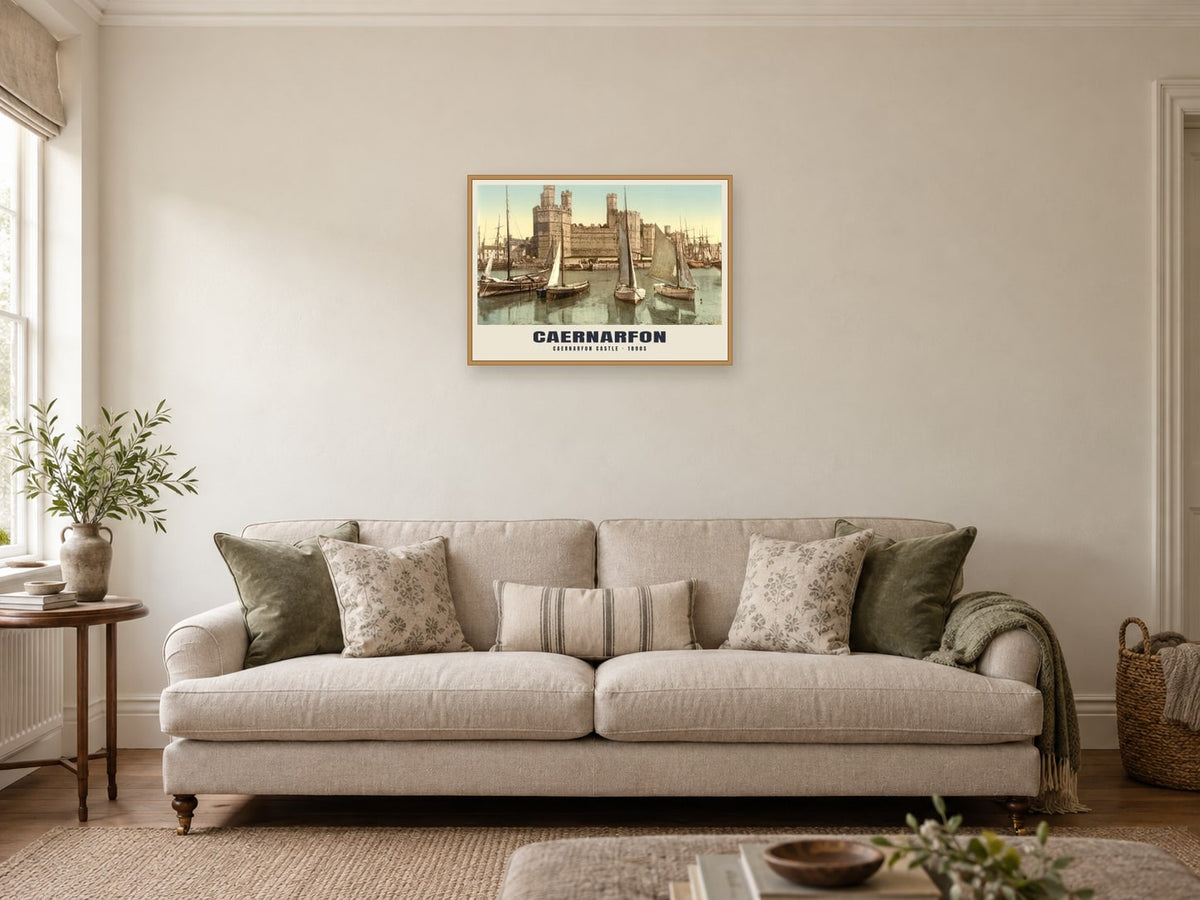 Caernarfon Castle Poster at A2, in an oak frame, in a sitting room