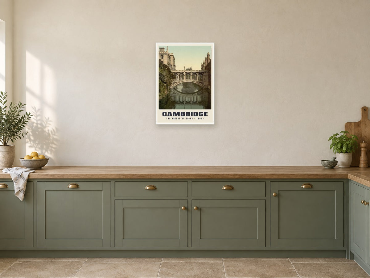 The Bridge of Sighs, Cambridge, 1890s Heritage Print at A2, in a white frame, in a kitchen