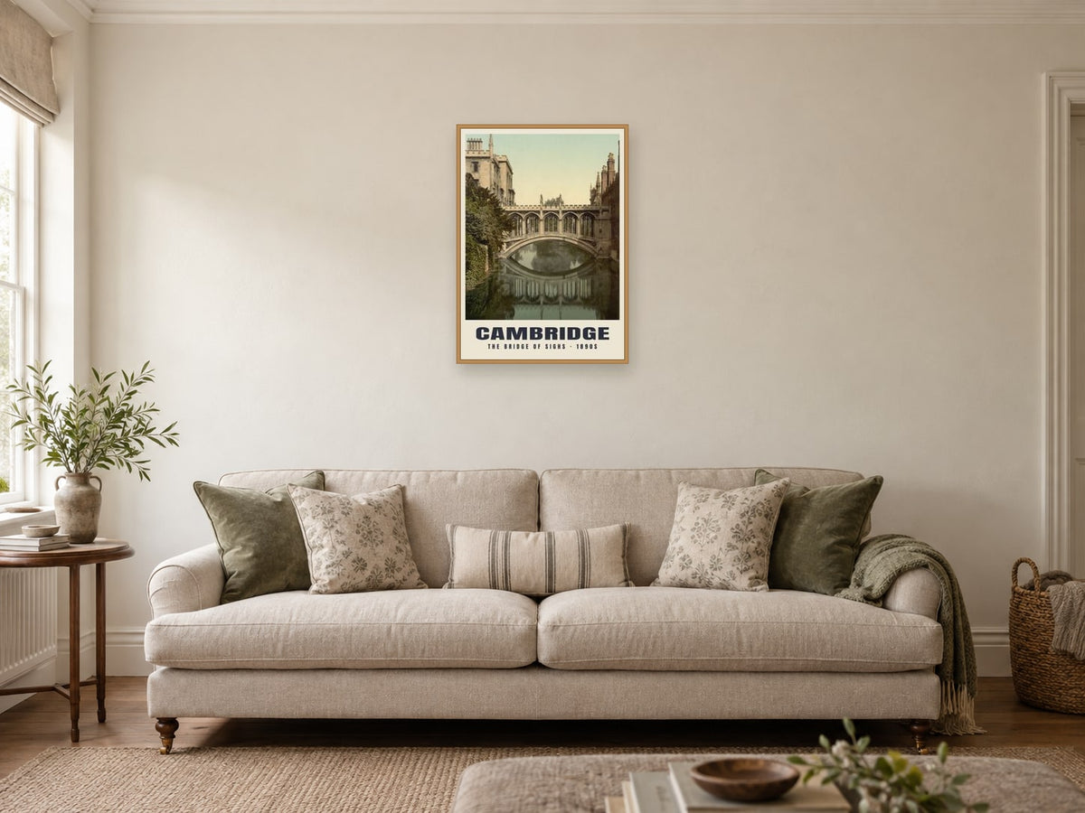 The Bridge of Sighs, Cambridge, 1890s Heritage Print at A2, in an oak frame, in a sitting room
