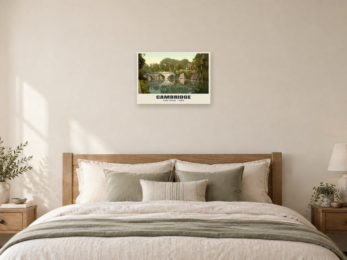 Clare Bridge, Cambridge, 1890s Heritage Print at A2, as a poster, above a bed