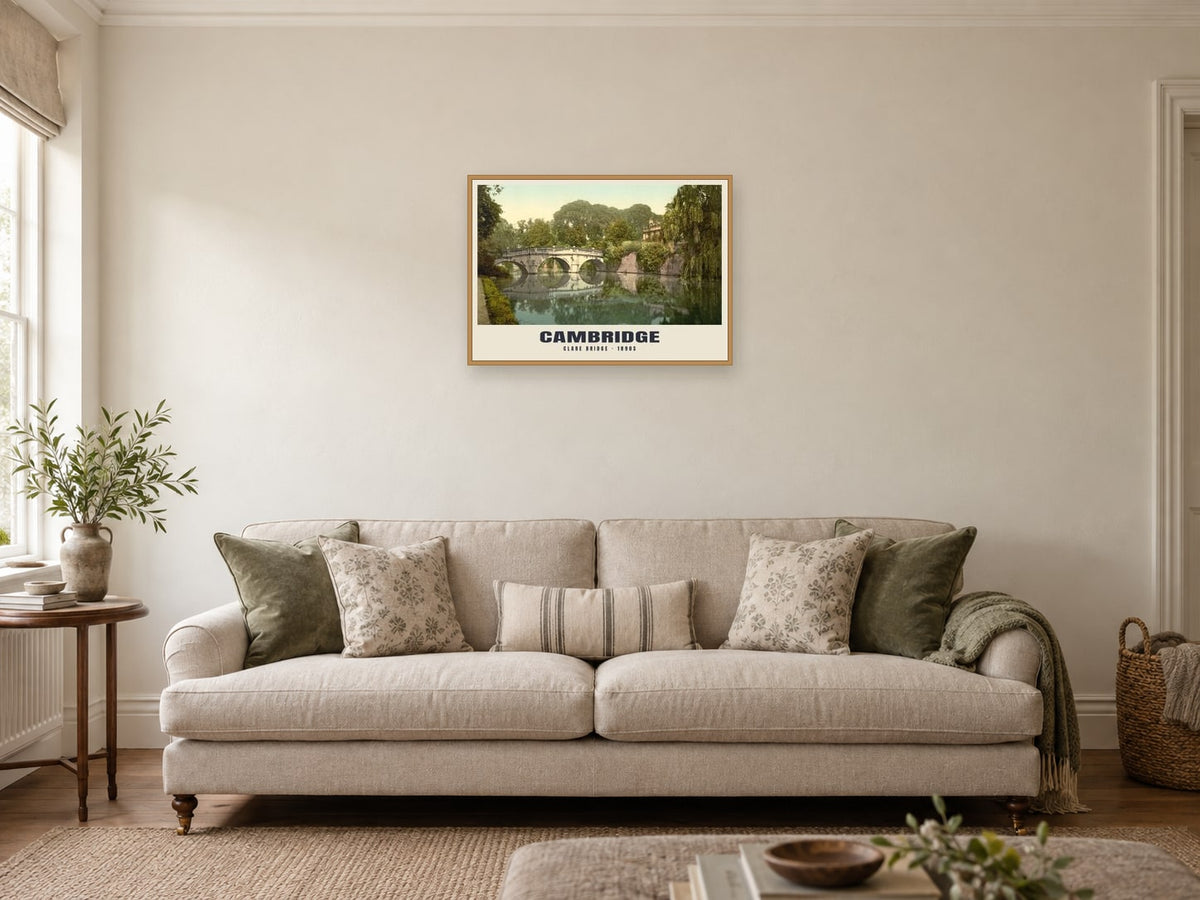 Clare Bridge, Cambridge, 1890s Heritage Print at A2, in an oak frame, in a sitting room