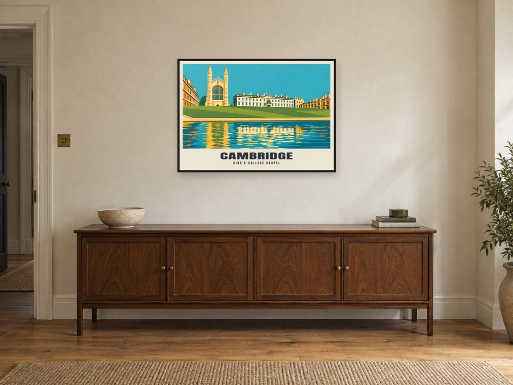 King's College Chapel, Cambridge Poster at A1, in a black frame, above a sideboard