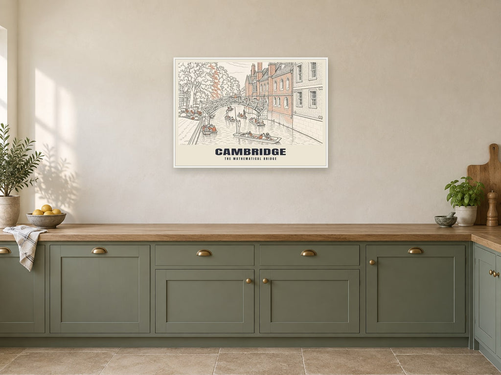 The Mathematical Bridge, Cambridge Poster at A1, in a white frame, in a kitchen